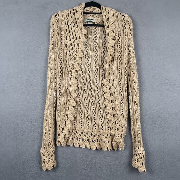 525 America Cardigan Sweater Womens Small Open Knit Crochet Boho Ramie Pullover - Picture 1 of 6